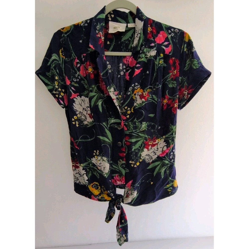 Mauve By Anthropologie Navy Floral Tie-front Button-down Blouse Size 2‎